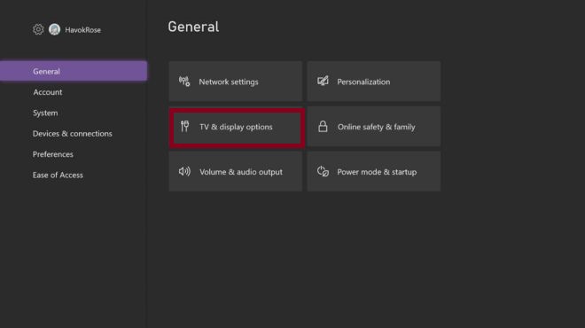 Xbox TV & display options settings menu